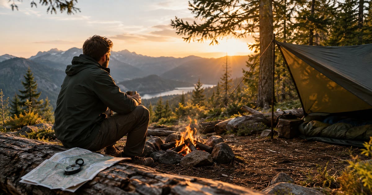 A lone hiker at a forest campsite at golden hour with a small campfire and a tarp shelter