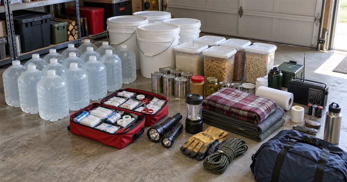 Family emergency supplies laid out: water, food, first aid, flashlights