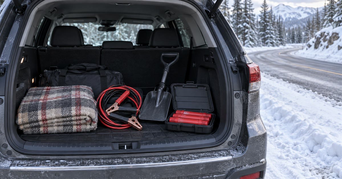 Open car trunk with winter emergency kit: blanket, jumper cables, shovel