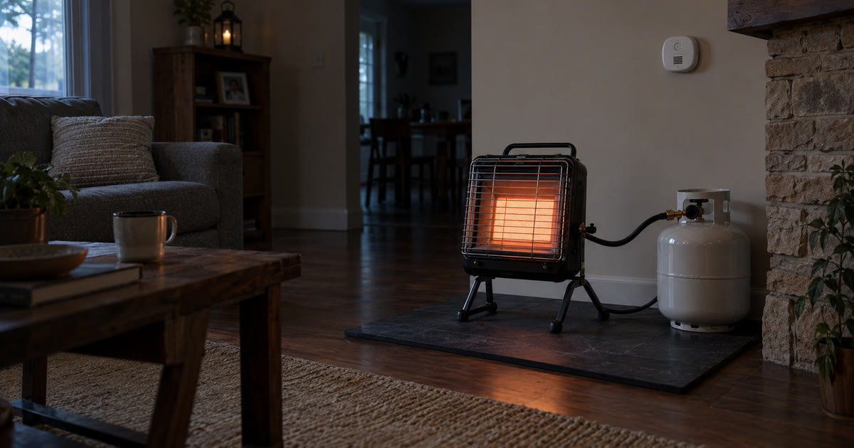 A portable heater in a living room with a carbon monoxide detector visible nearby