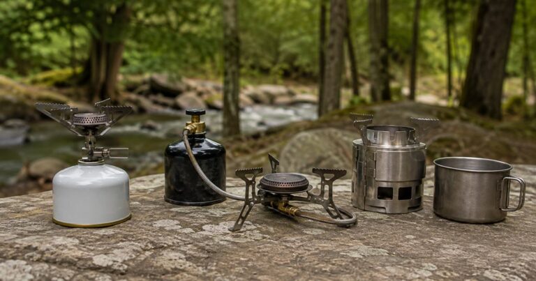 Several types of camping stoves side by side outdoors with a cook pot