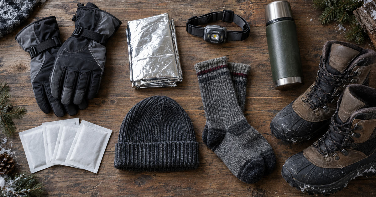 Winter survival gear flat-lay: insulated gloves, hand warmers, thermal blanket, snow boots