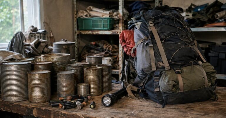 Disorganized stockpile of prepping gear with expired cans, dead batteries and an overloaded pack