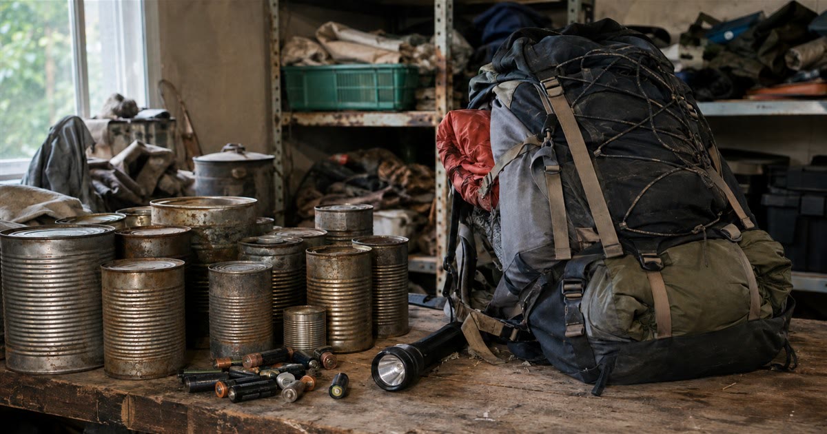 Disorganized stockpile of prepping gear with expired cans, dead batteries and an overloaded pack