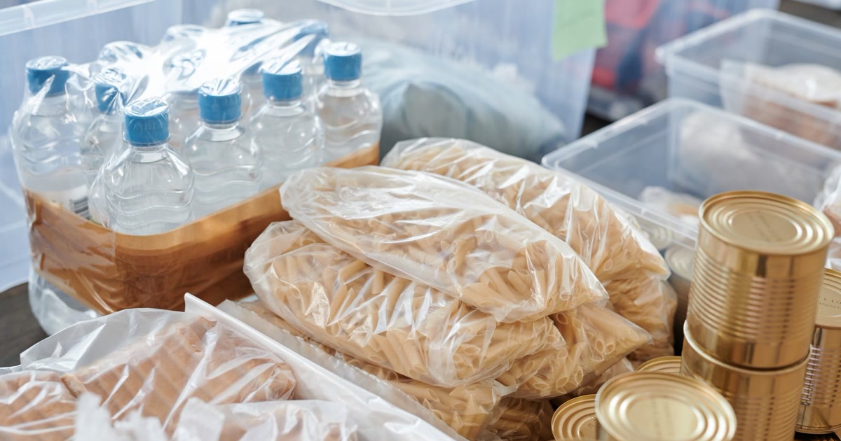 Shelves and containers of long-term emergency food storage