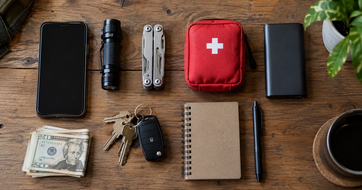 Flat lay of everyday carry items: phone, small flashlight, multitool, first-aid pouch, power bank, cash, keys, notebook
