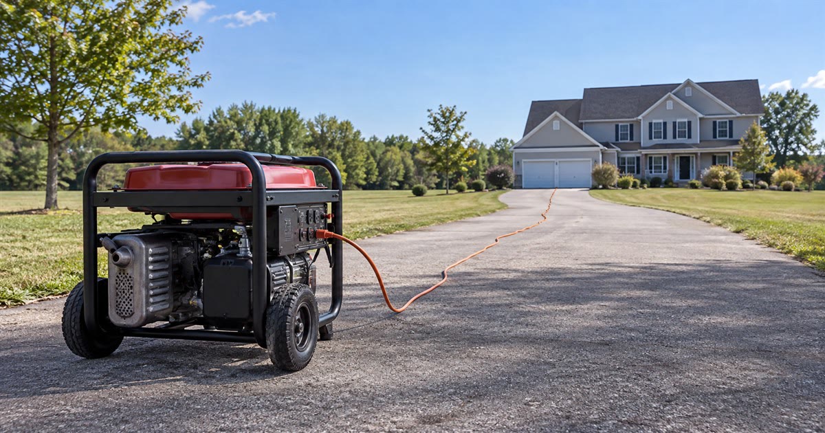 Portable generator running outdoors away from the house with extension cord