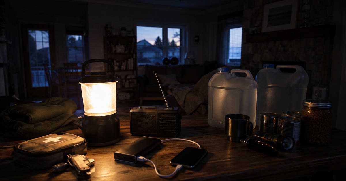 Dark home during a power outage lit by a lantern, with a hand-crank radio and stored water