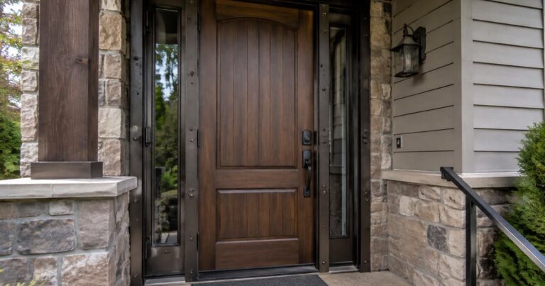 Reinforced front door of a suburban home with a heavy deadbolt and strengthened frame