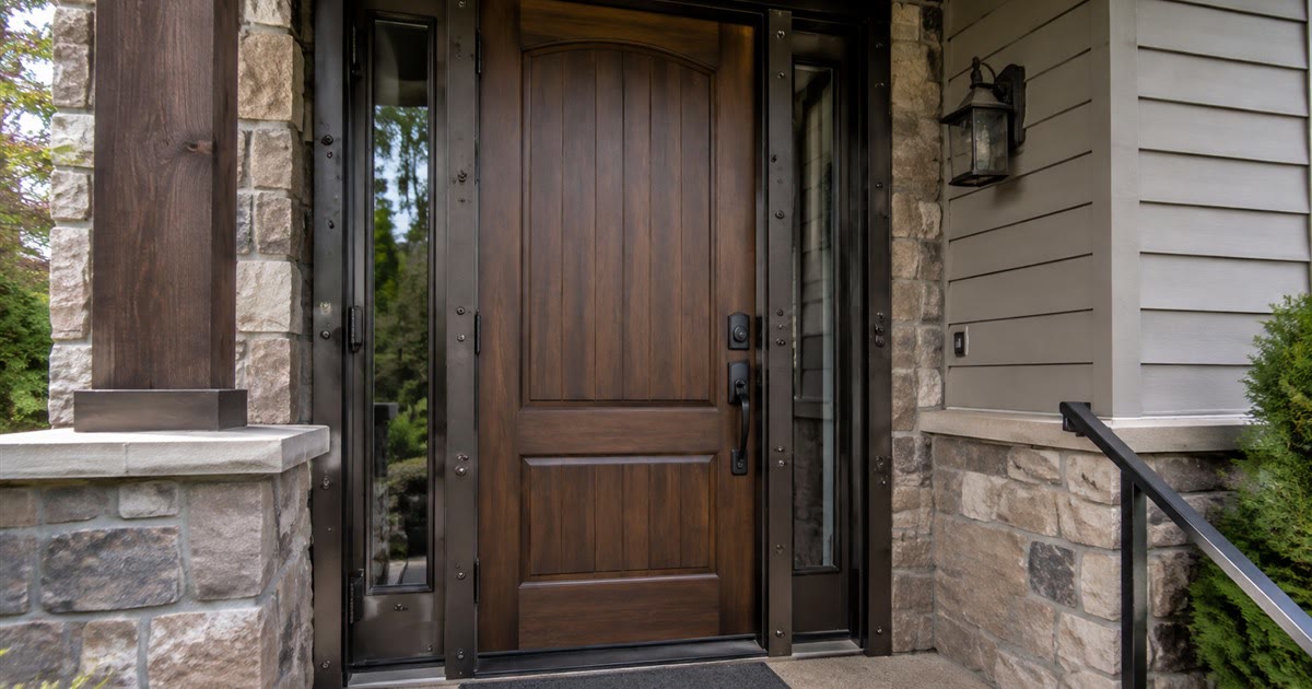 Reinforced front door of a suburban home with a heavy deadbolt and strengthened frame