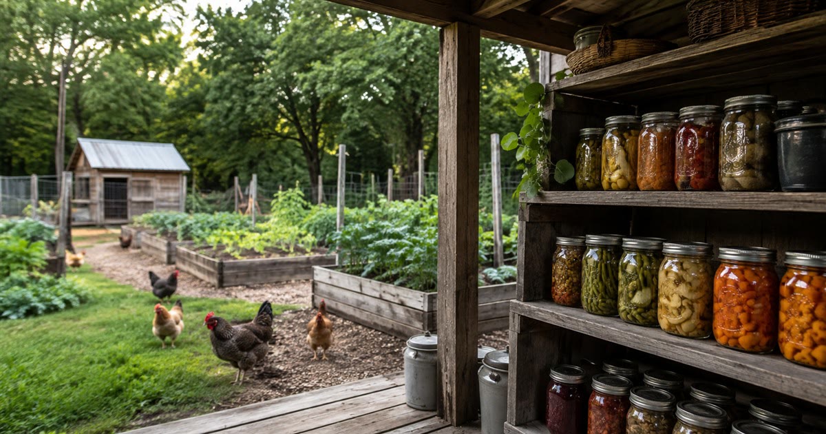 Small homestead with raised garden beds, hens, and shelves of home-canned food