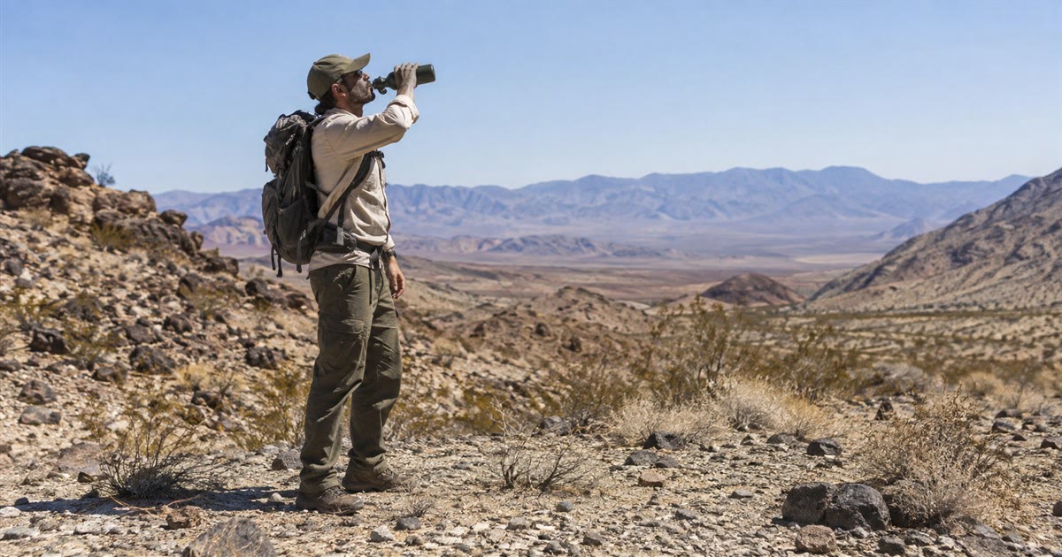 Person drinking water from a canteen in dry desert terrain