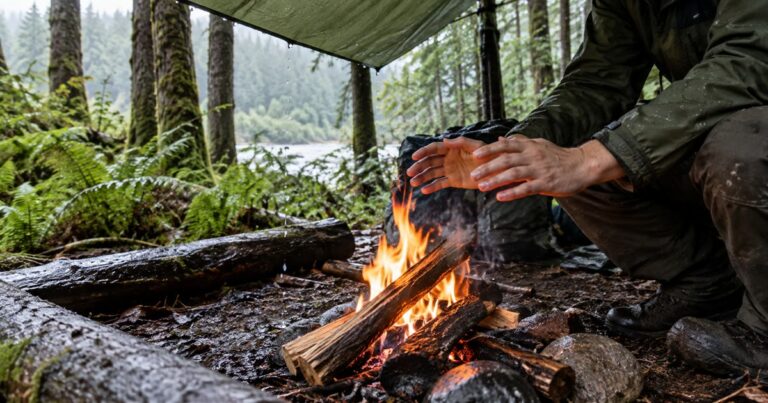 Hands sheltering a small campfire under a tarp in wet forest