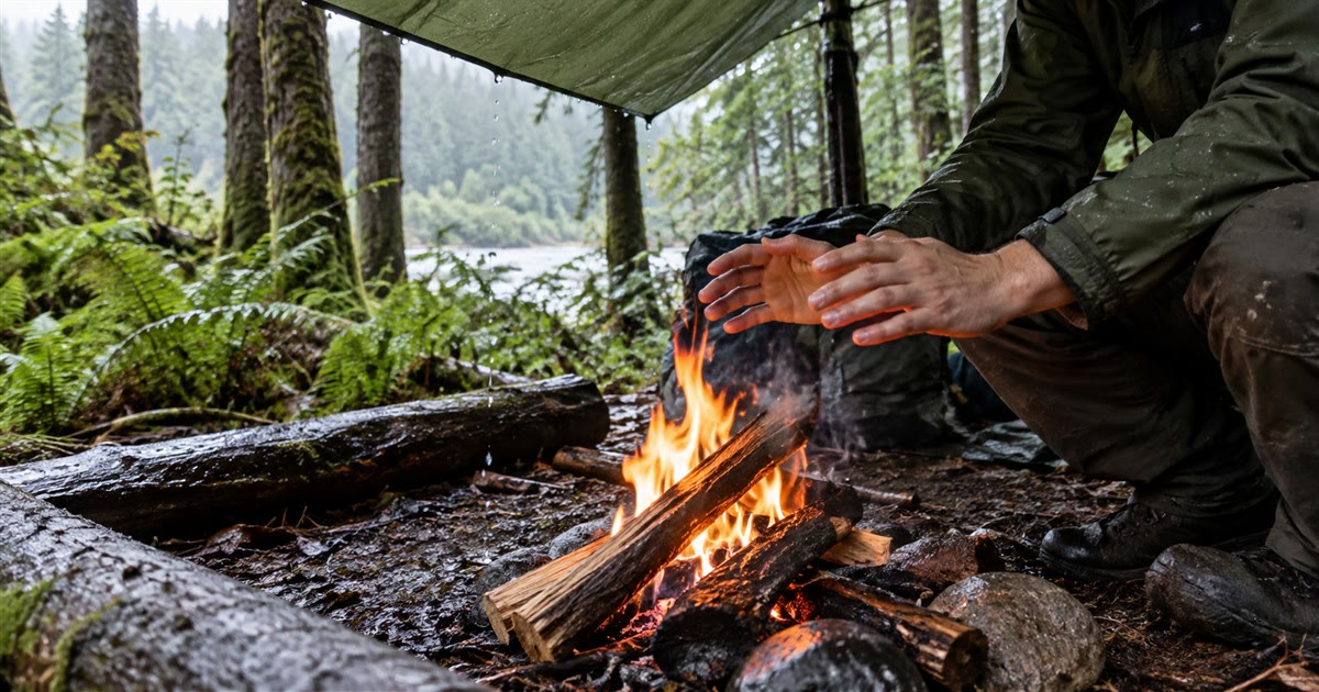 Hands sheltering a small campfire under a tarp in wet forest