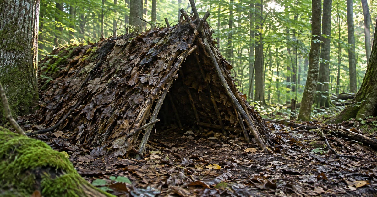 A debris-hut survival shelter built from branches and leaves in a green forest