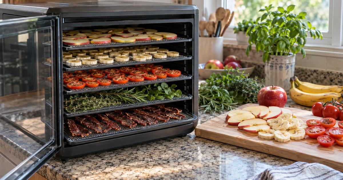 A food dehydrator on a kitchen counter with trays of sliced fruit and jerky
