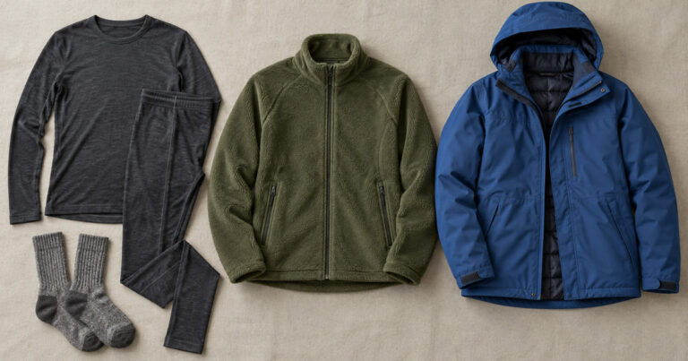 Base, mid, and outer layer cold-weather clothing laid out flat