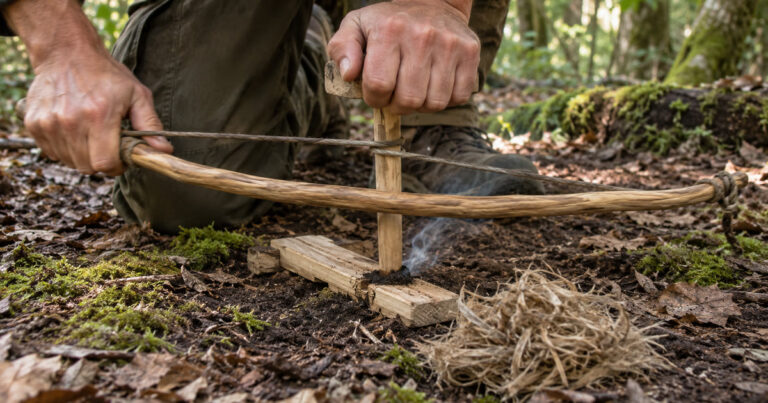 Hands working a bow-drill fire set on a forest floor with a wisp of smoke