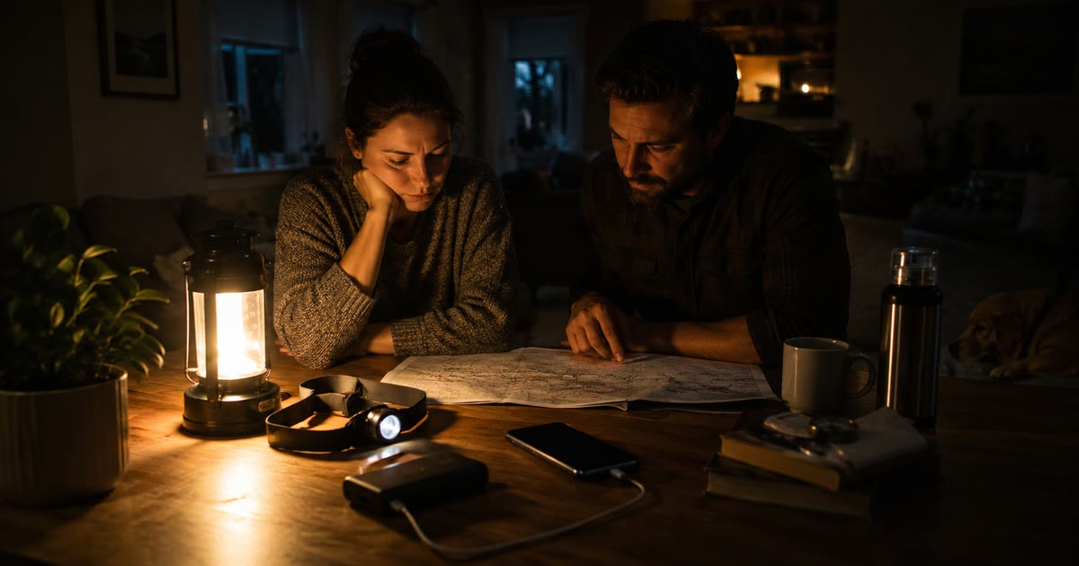 A home lit by a battery lantern and headlamp during a power outage, phone charging from a power bank