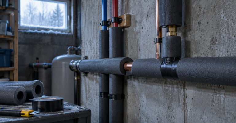 Foam pipe insulation wrapped around exposed plumbing in a cold basement