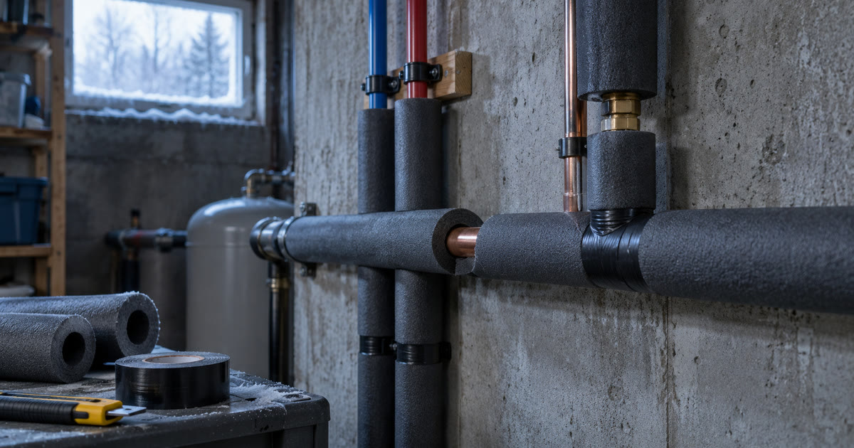 Foam pipe insulation wrapped around exposed plumbing in a cold basement