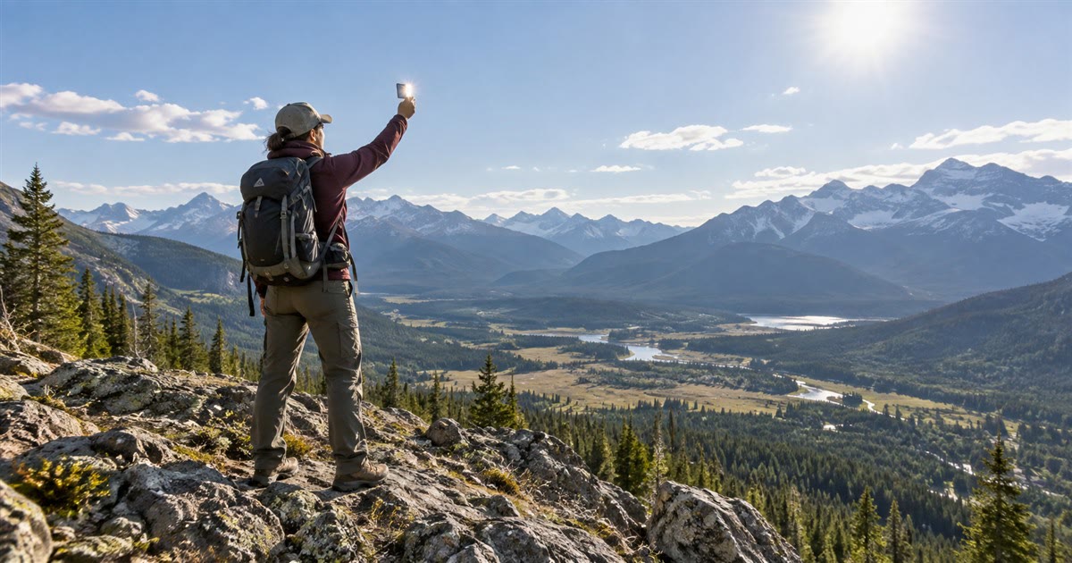 Person on a mountainside using a signal mirror in bright sunlight