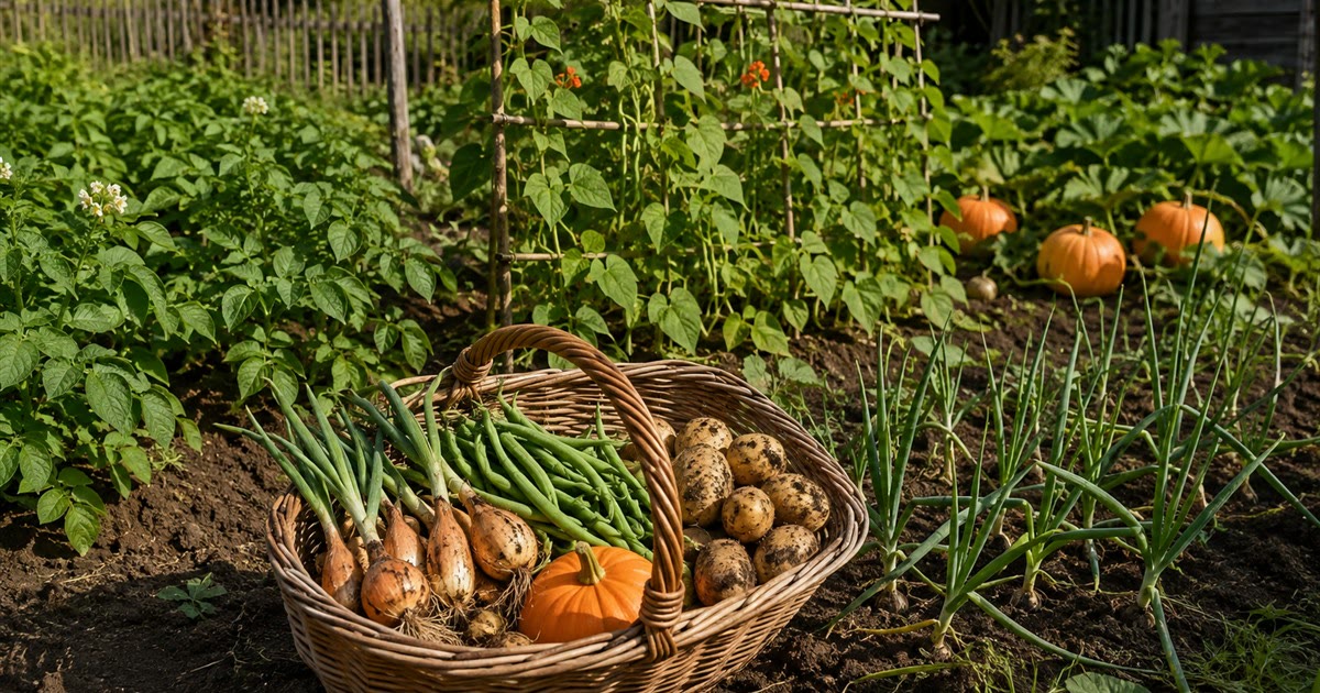 Survival garden with potatoes, squash, beans and onions and a basket of harvest
