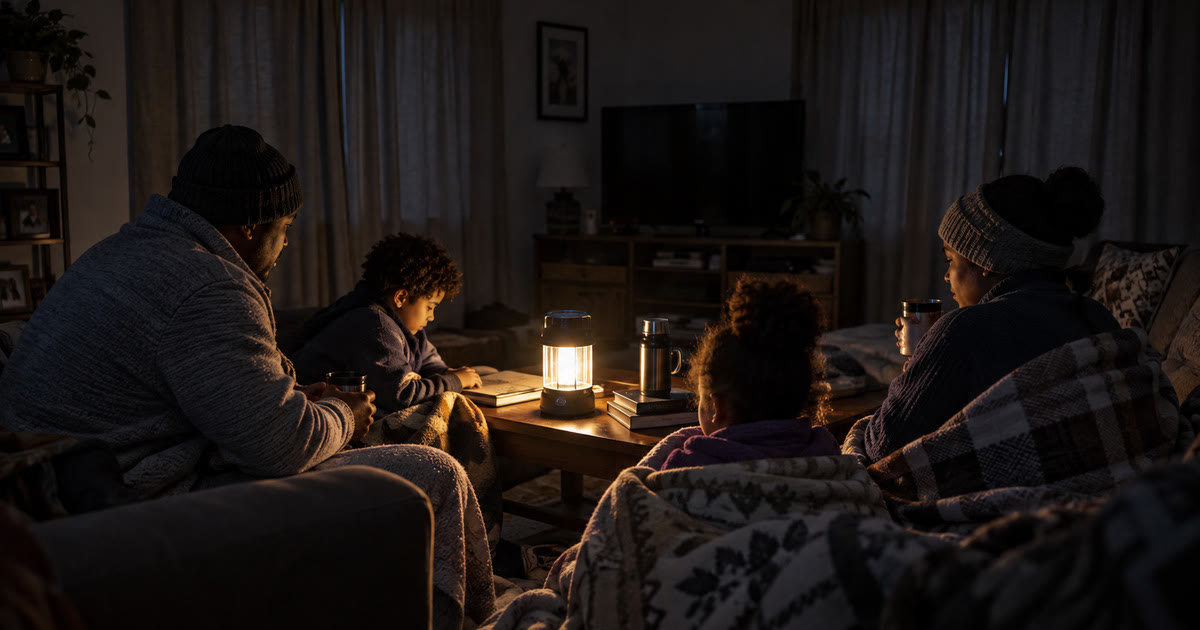 A family in warm layered clothing and blankets in one closed-off room with a battery lantern