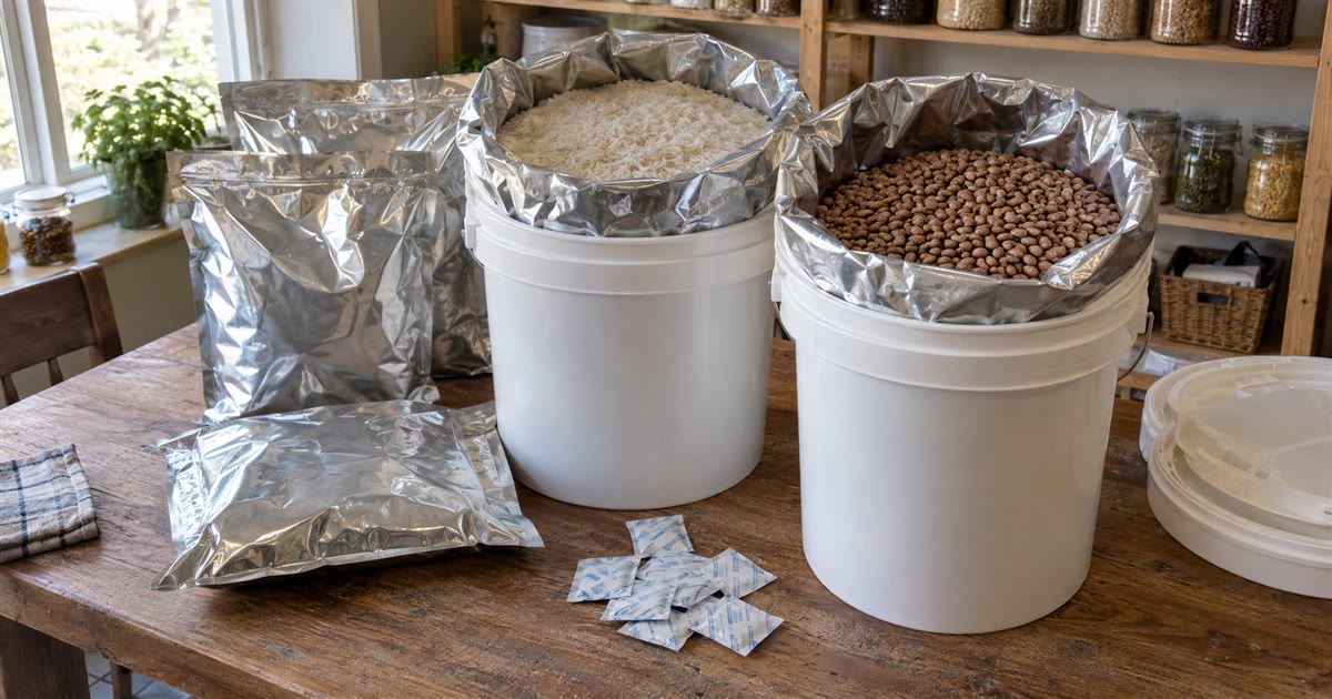 Mylar bags and buckets of rice and dried beans for long-term food storage