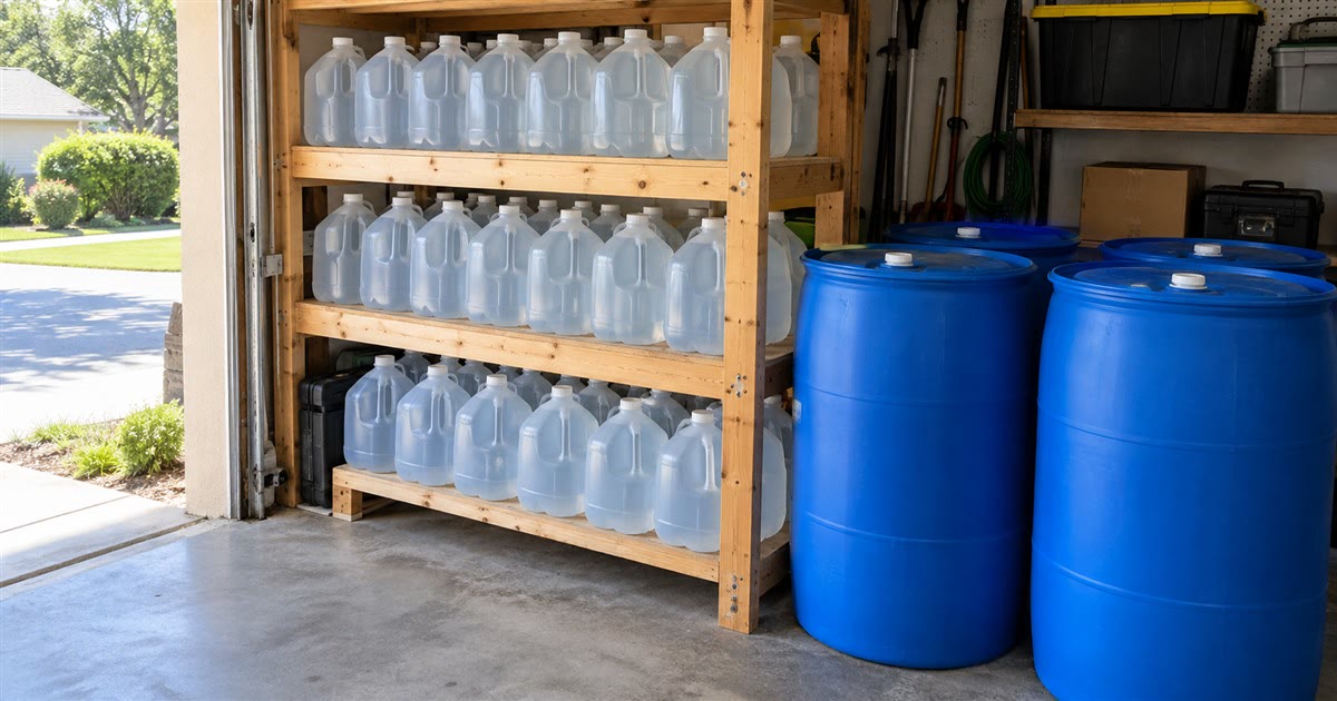 Stacked water storage jugs and barrels for long-term emergency water storage