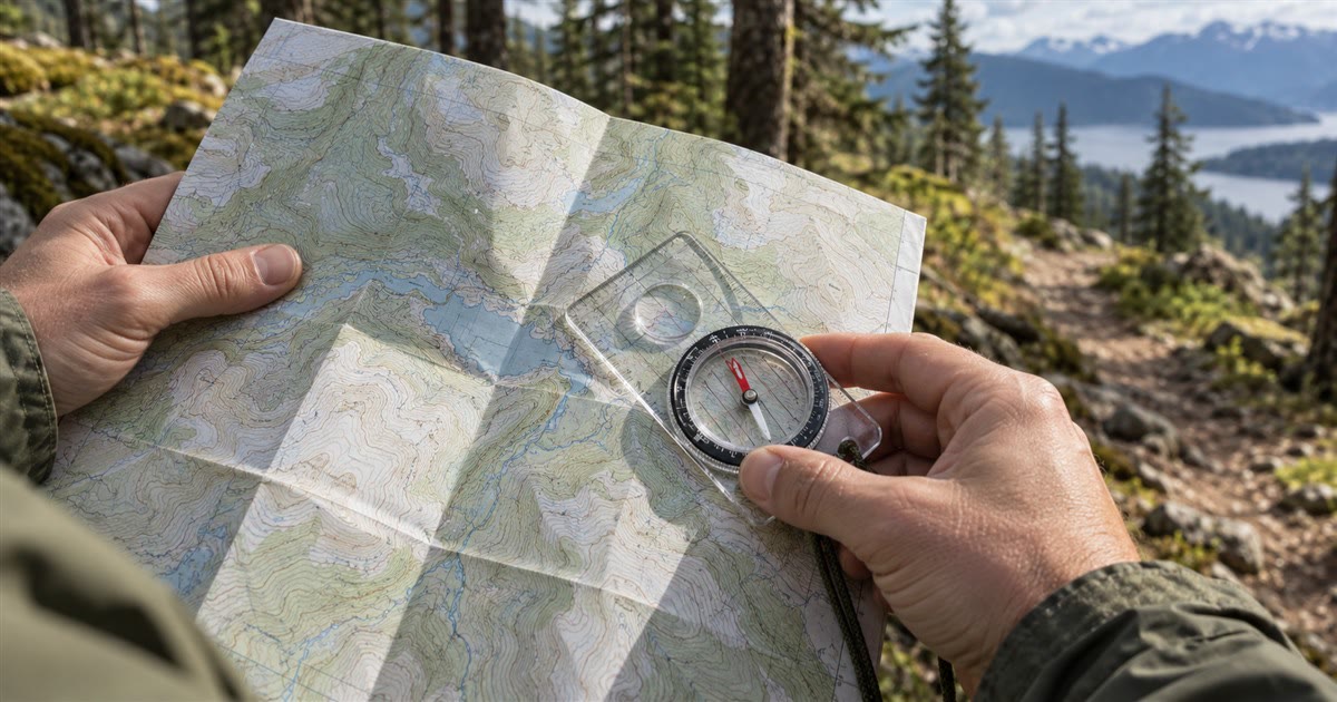 Hands holding a baseplate compass over a topographic map outdoors