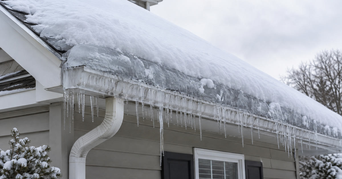 Heavy snow load and an ice dam along a house roofline and gutter