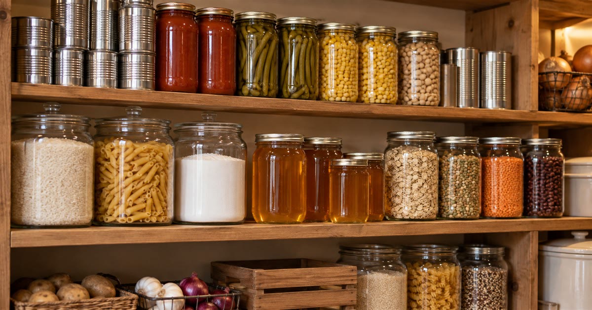 Pantry shelves with canned goods, honey, salt, rice, and pasta