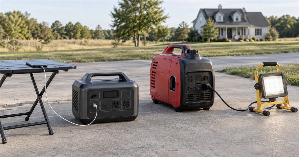 Portable power station and small generator side by side powering devices