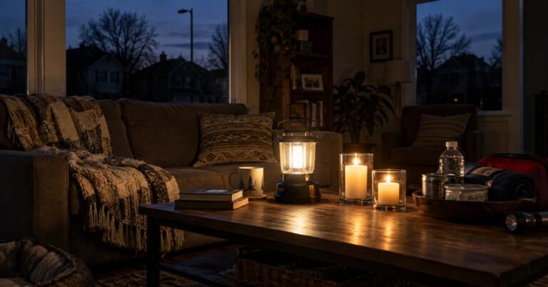 Home interior lit by candles and battery lantern during a power outage