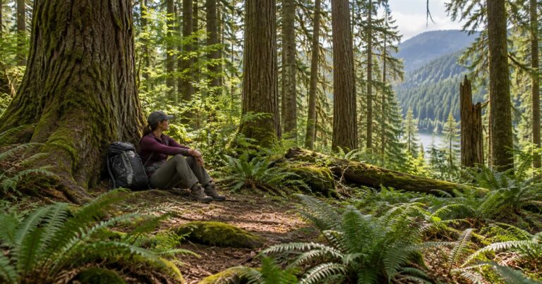 Lone hiker sitting calmly against a tree in dense forest with backpack