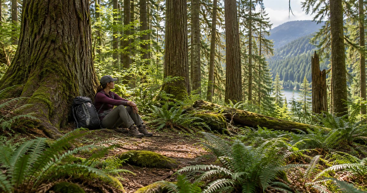 Lone hiker sitting calmly against a tree in dense forest with backpack