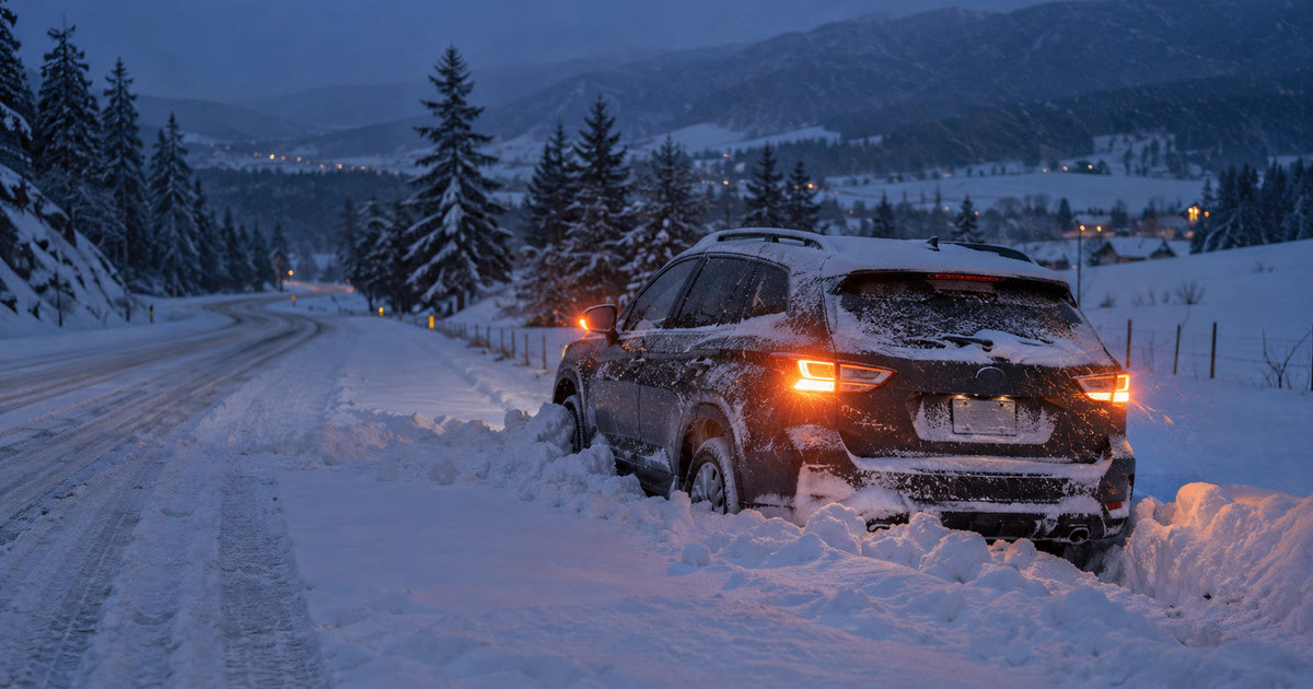 A car half-buried in snow on a rural road at dusk with hazard lights on