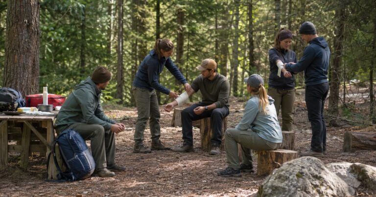 Group of people at an outdoor hands-on survival and first aid training class with an instructor