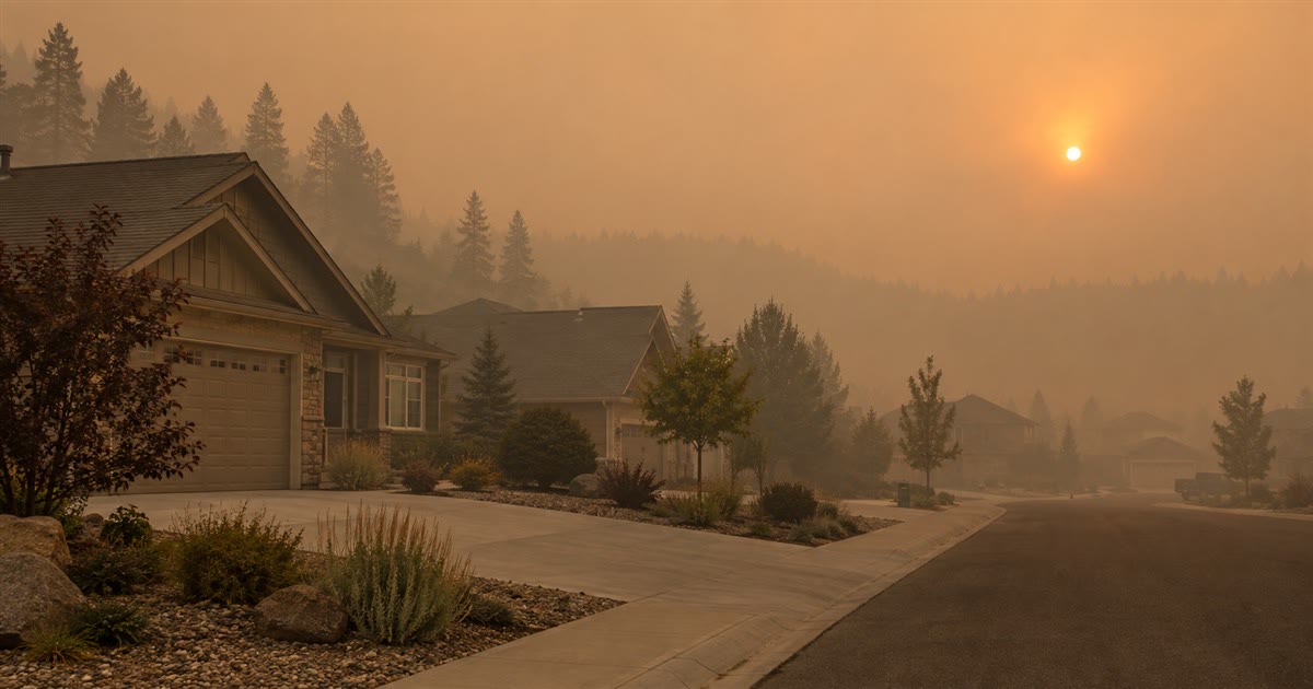Residential street shrouded in thick orange wildfire smoke haze