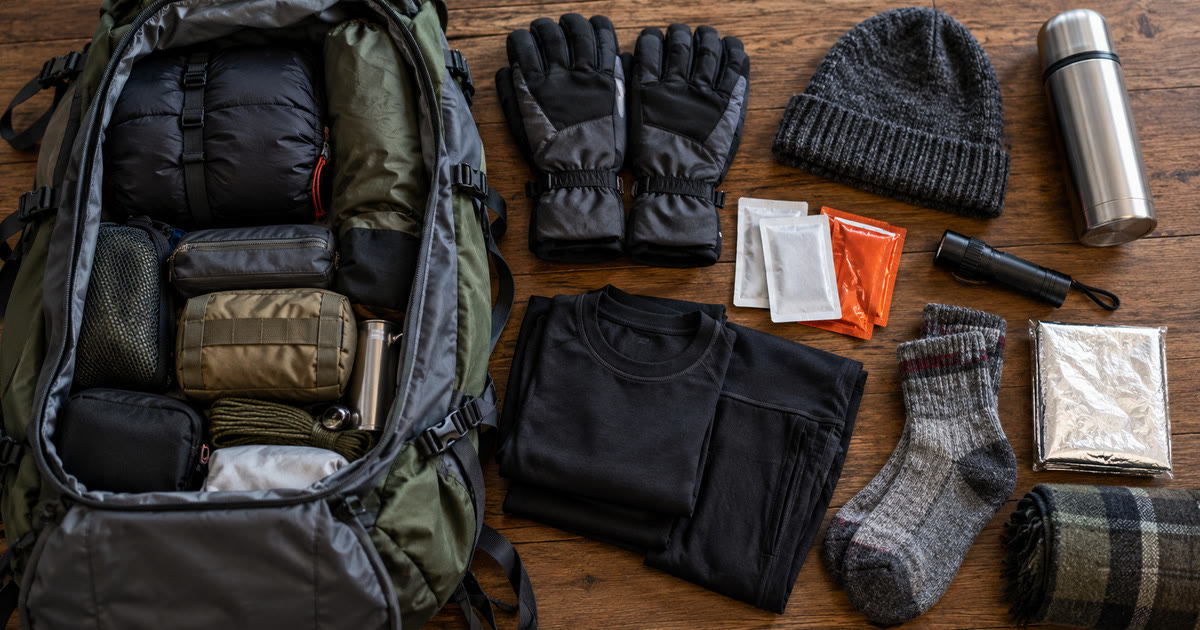 A packed winter bug-out backpack with gloves, hand warmers, and thermal layers beside it