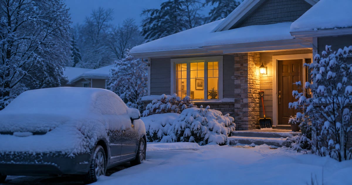 A snowed-in house at dusk with a shovel by the door and a snow-covered car