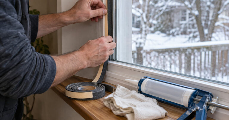 Weatherstripping being applied to a window to winterize a home