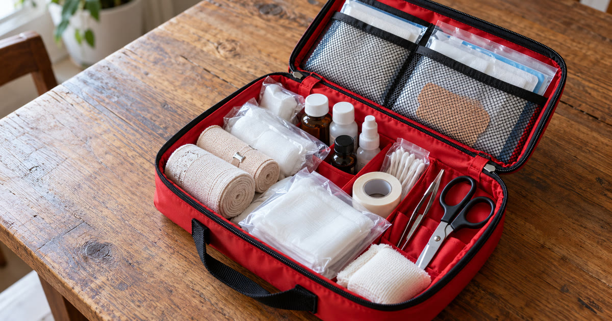 An open first aid kit on a table showing bandages, bottles, and tweezers