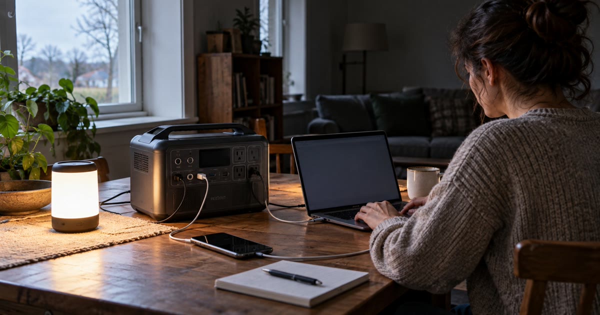 A portable power station powering devices during an outage