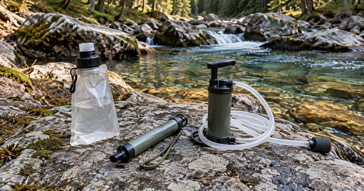 A lineup of portable water filters on a rock by a stream