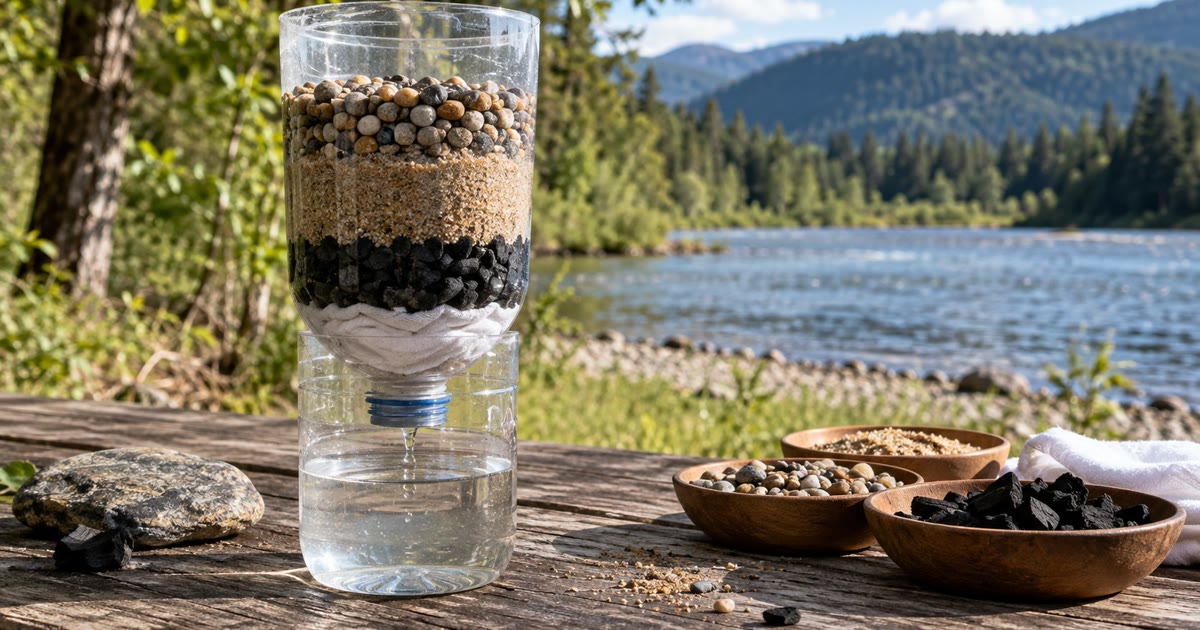 A DIY layered water filter made from a cut plastic bottle with charcoal, sand, and gravel