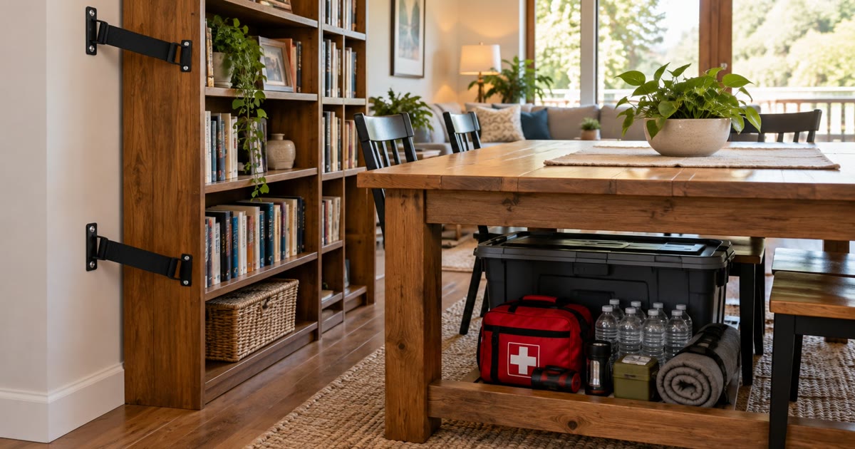 A bookshelf secured to the wall with straps and an emergency kit under a sturdy table