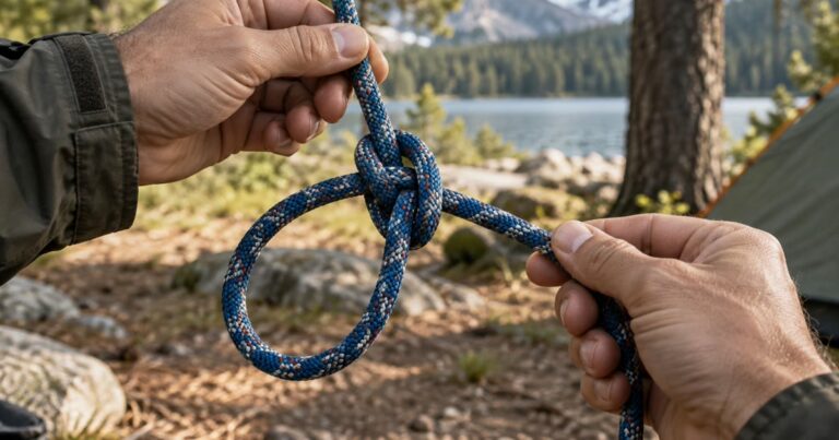 Hands tying a bowline knot in rope in an outdoor camp setting