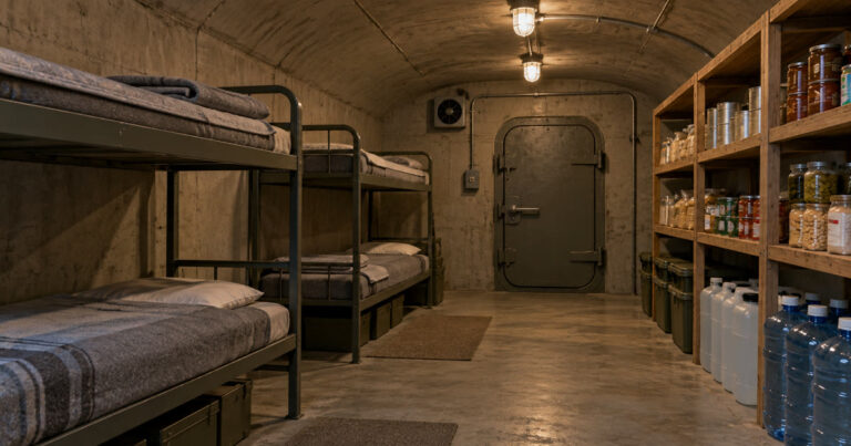 The interior of a simple fallout shelter with bunks and water supplies